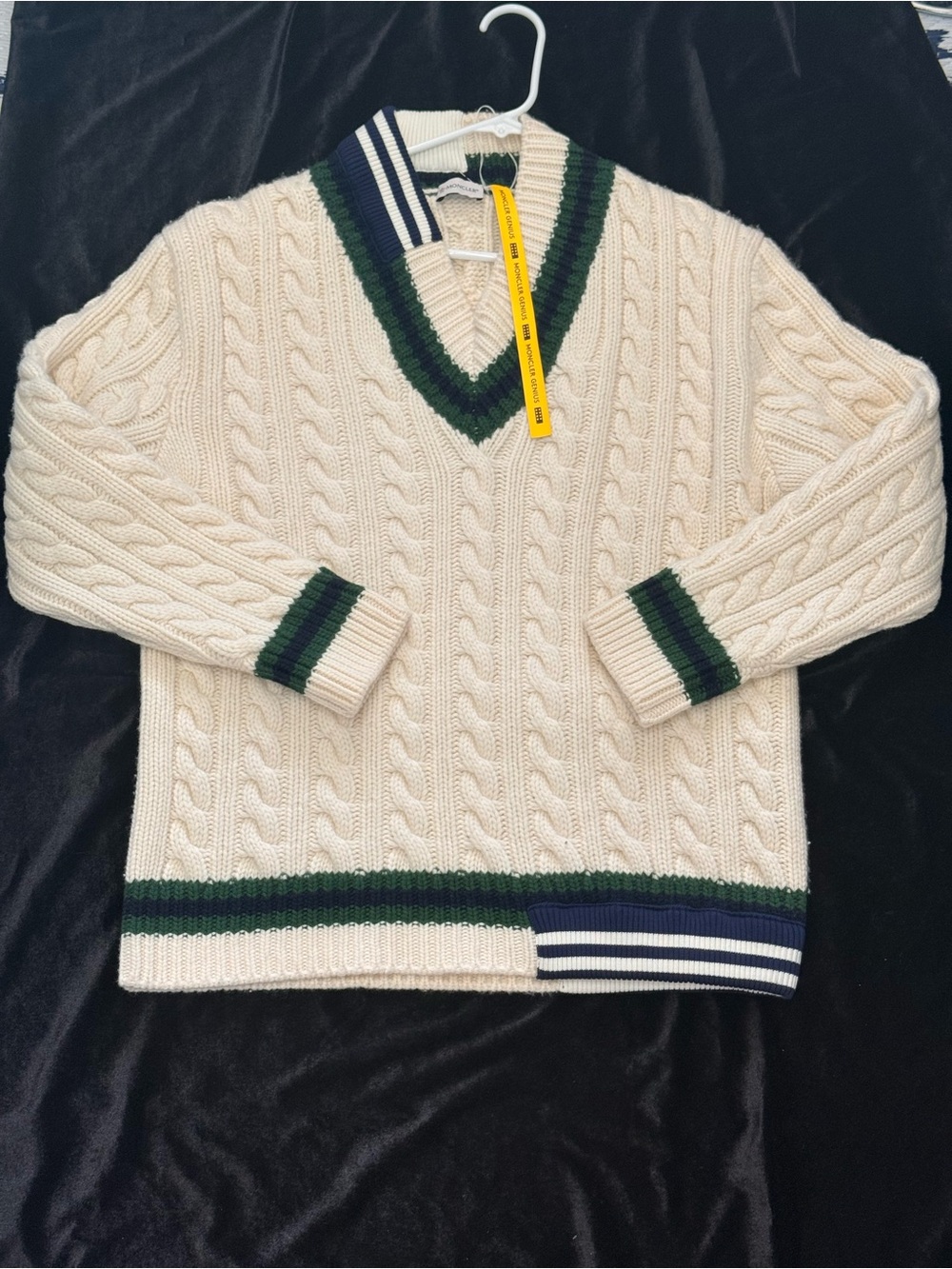 Moncler Cream Cable Knit V‑Neck Sweater with Green & Navy Trim